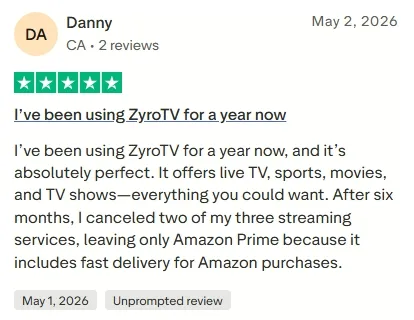 Trustpilot review from a ZyroTV customer, 1 of 9