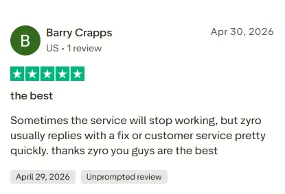 Trustpilot review from a ZyroTV customer, 6 of 9