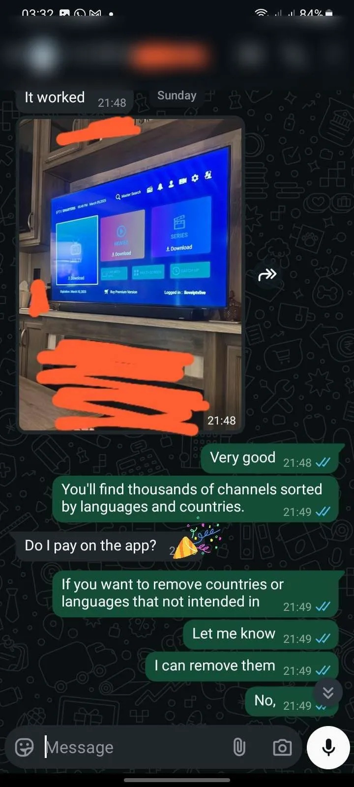 WhatsApp conversation with a ZyroTV customer, 1 of 11
