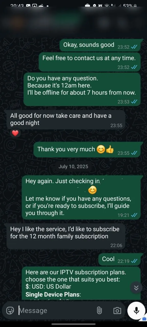 WhatsApp conversation with a ZyroTV customer, 3 of 11