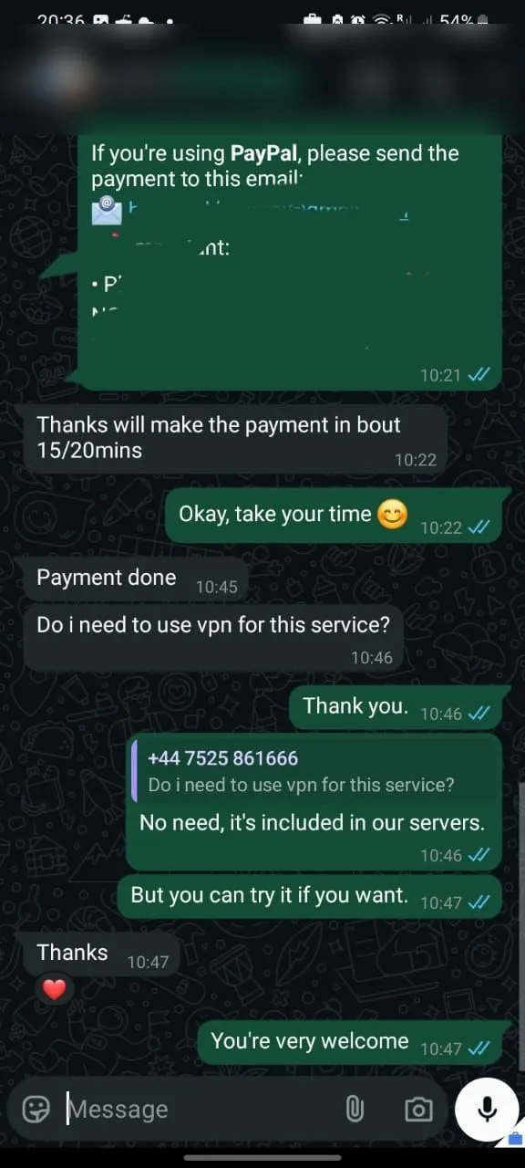 WhatsApp conversation with a ZyroTV customer, 7 of 11
