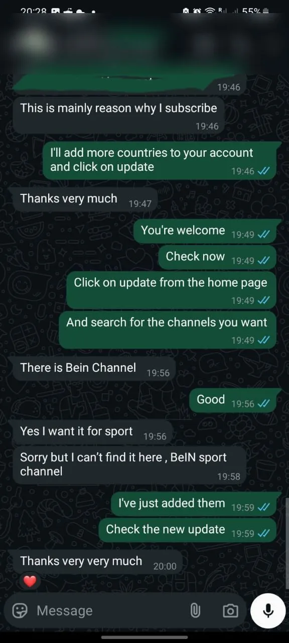 WhatsApp conversation with a ZyroTV customer, 8 of 11