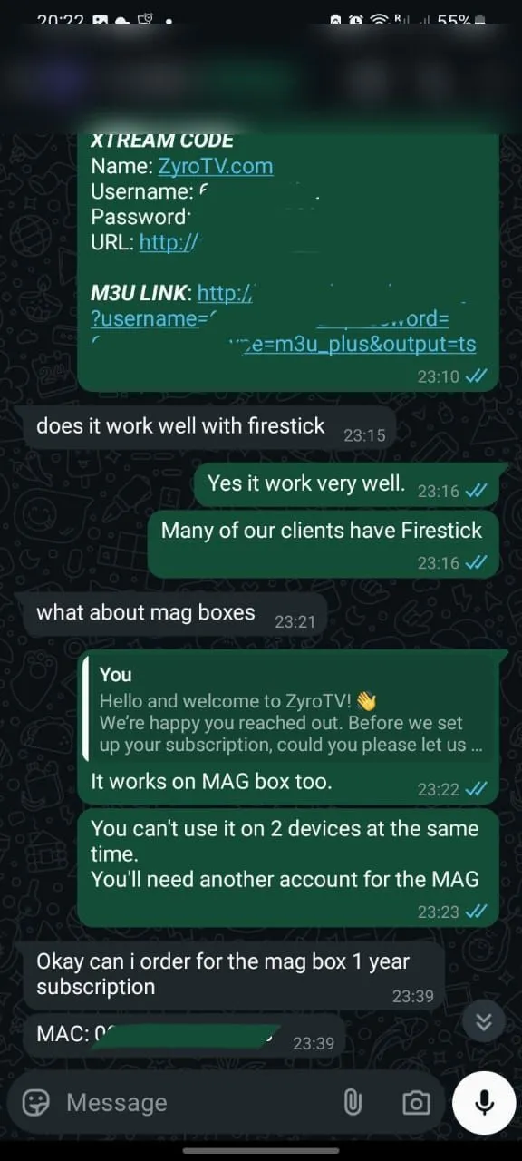WhatsApp conversation with a ZyroTV customer, 10 of 11